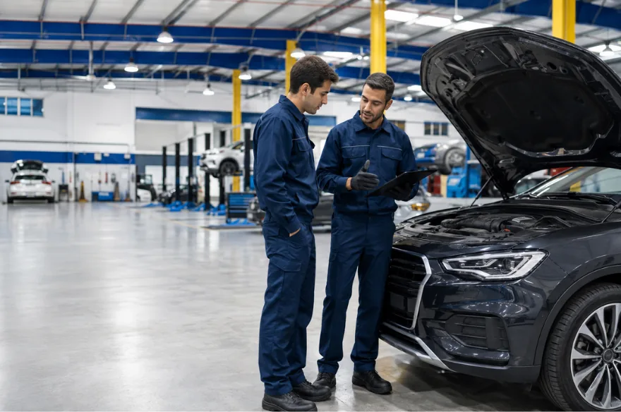 Pioneer technicians inspecting a customer's vehicle